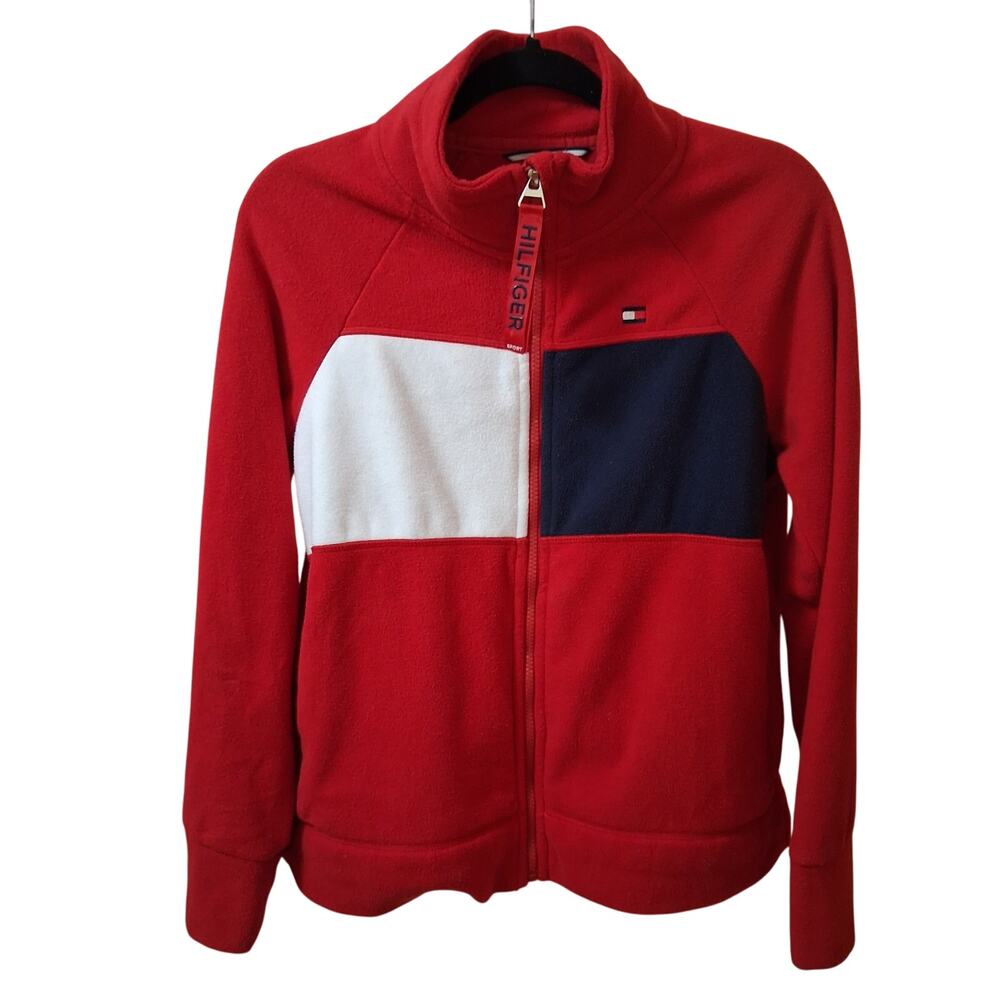 Tommy Hilfiger Color Block Men Full Zip Fleece Red White Navy Winter Sweater M
